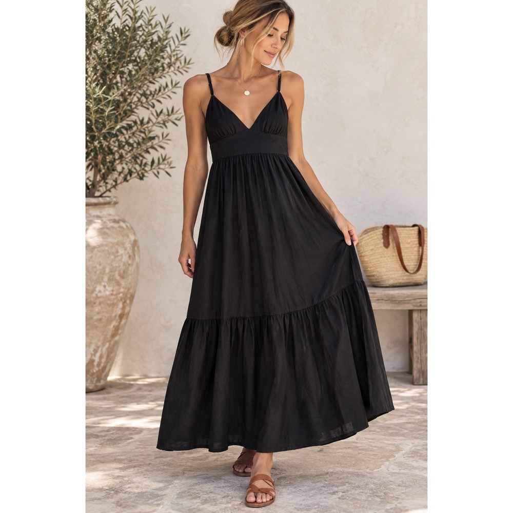 Japna Black Tiered Maxi Dress Linen Blend V-Neck Tie Back Women's Size Medium
